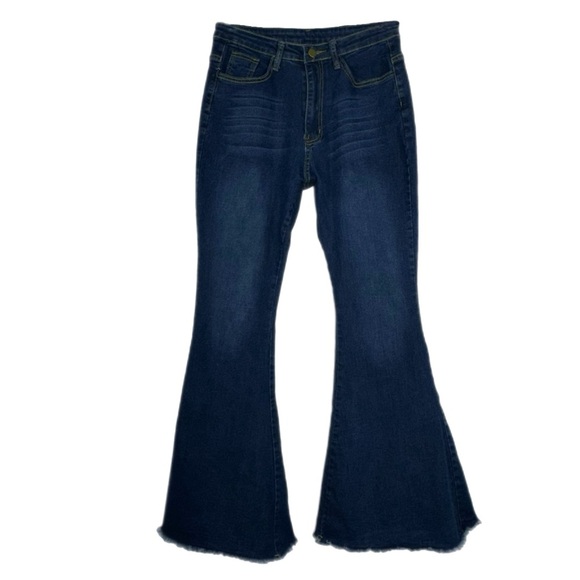 Women’s Dark Wash High Rise Frayed Raw Edge Flared Stretch  Jeans - Picture 1 of 6